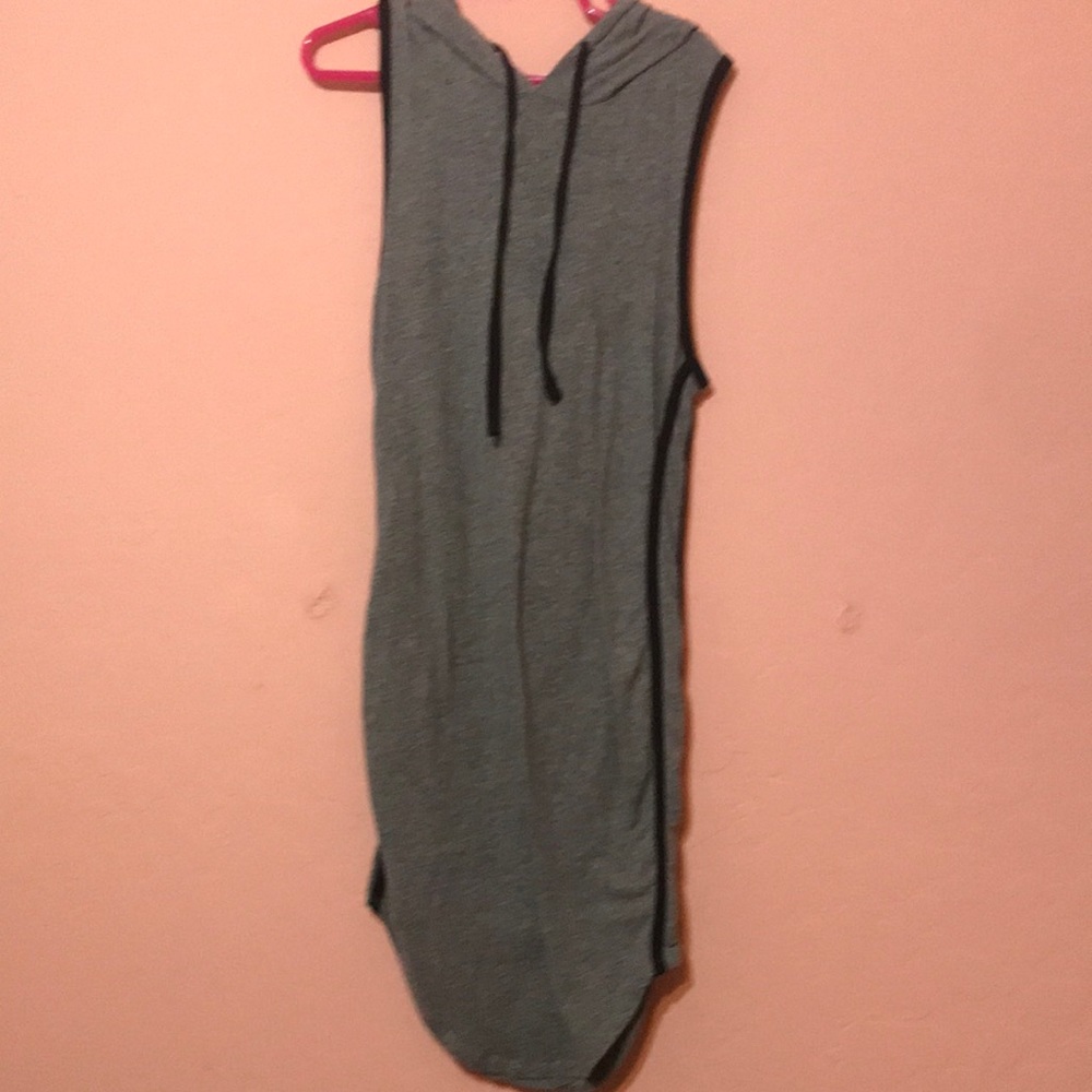 Gray with black stripes on the side and a hoodie